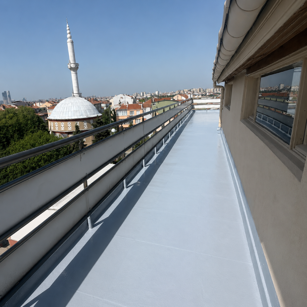 Pendik'te bir binanın terasında uygulanan su yalıtımı çalışması sonrası teras izolasyon görünümü.